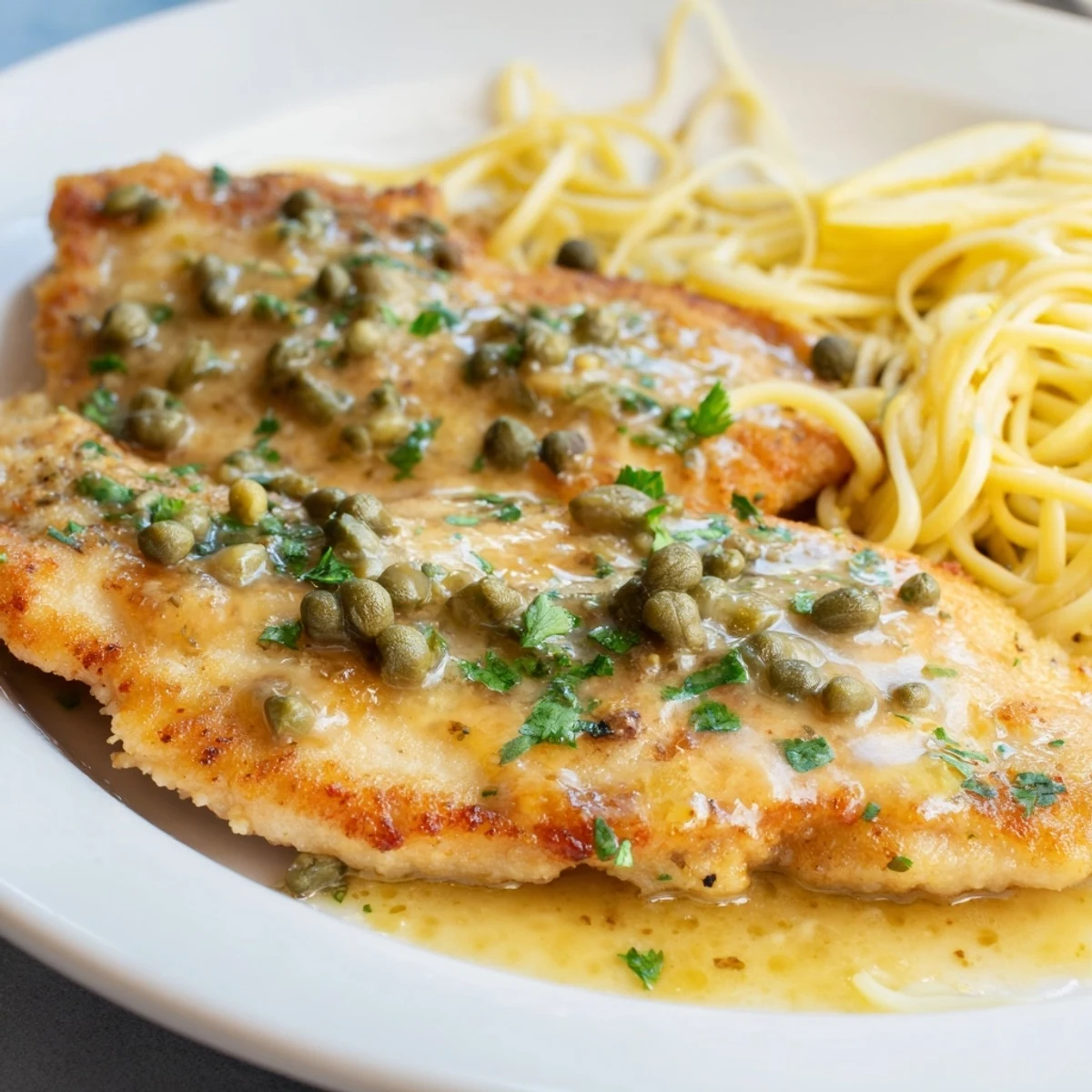 Quick Chicken Piccata Pasta with golden chicken cutlets and capers in a bright lemon sauce.
