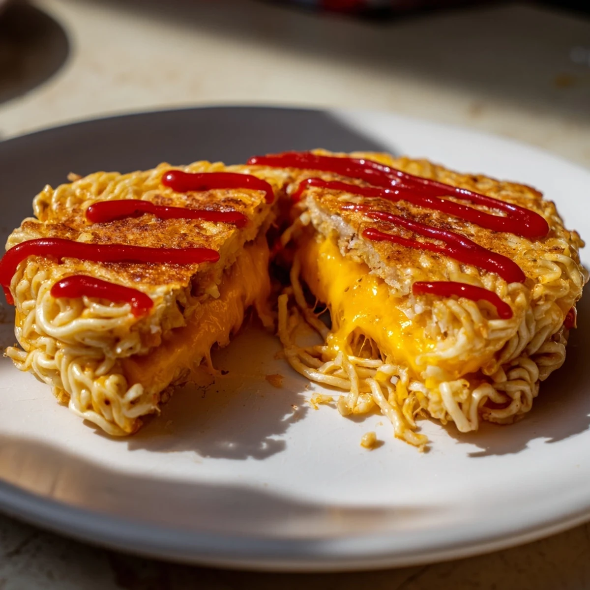 Crispy and golden Instant Ramen Grilled Cheese oozing with melted cheddar, ready to eat.