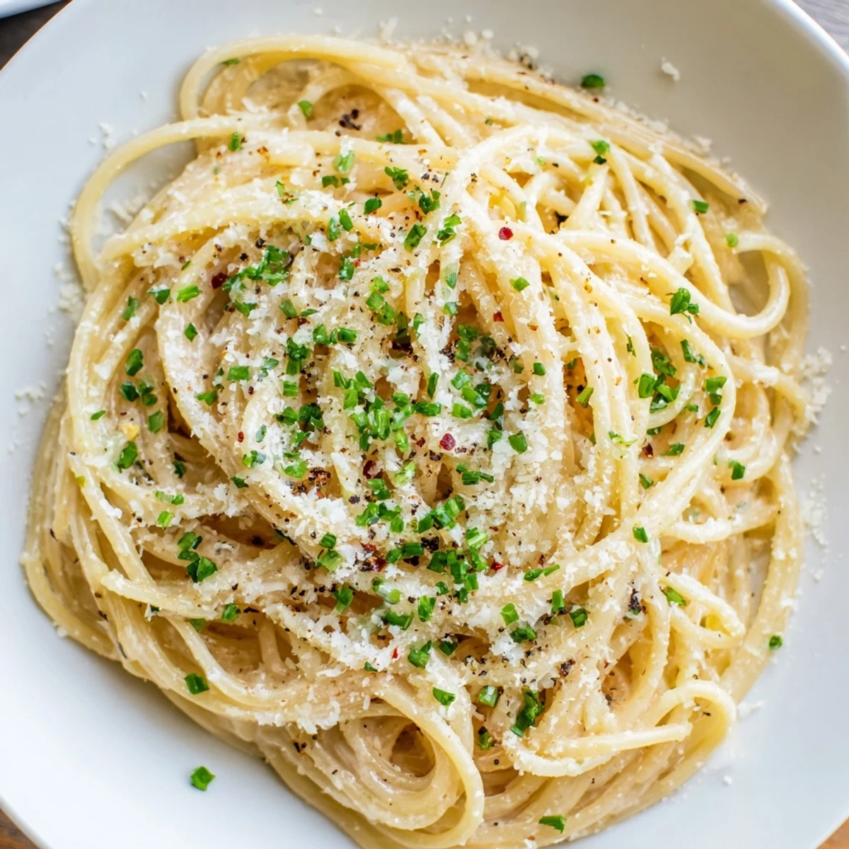 Savory Miso Butter Pasta, a quick and delicious main dish, sprinkled with parmesan and chives.