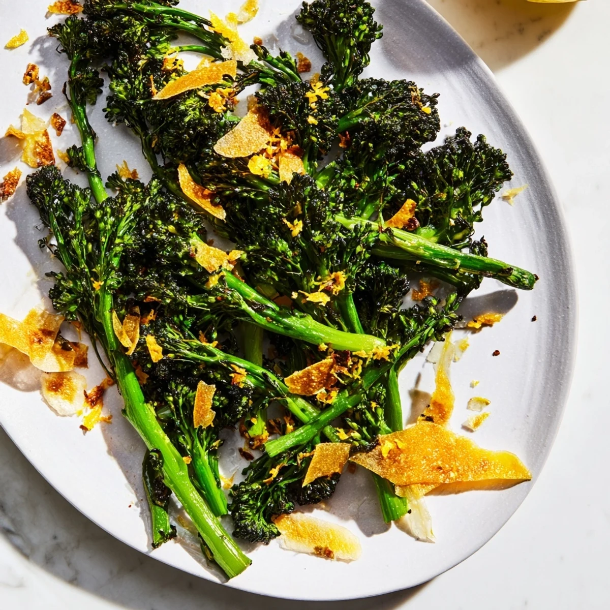 Air-fried Charred Broccolini Salad with crispy garlic and shaved Parmesan, a delicious side dish.