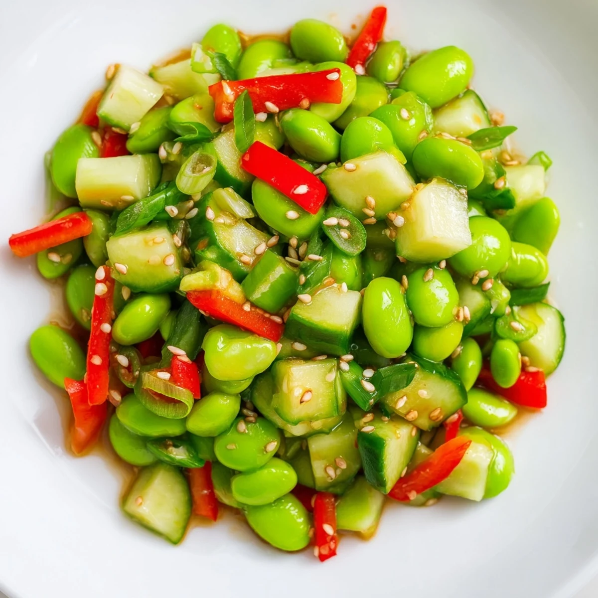 Delectable edamame salad, a colorful mix of green edamame and red pepper, tossed in dressing.