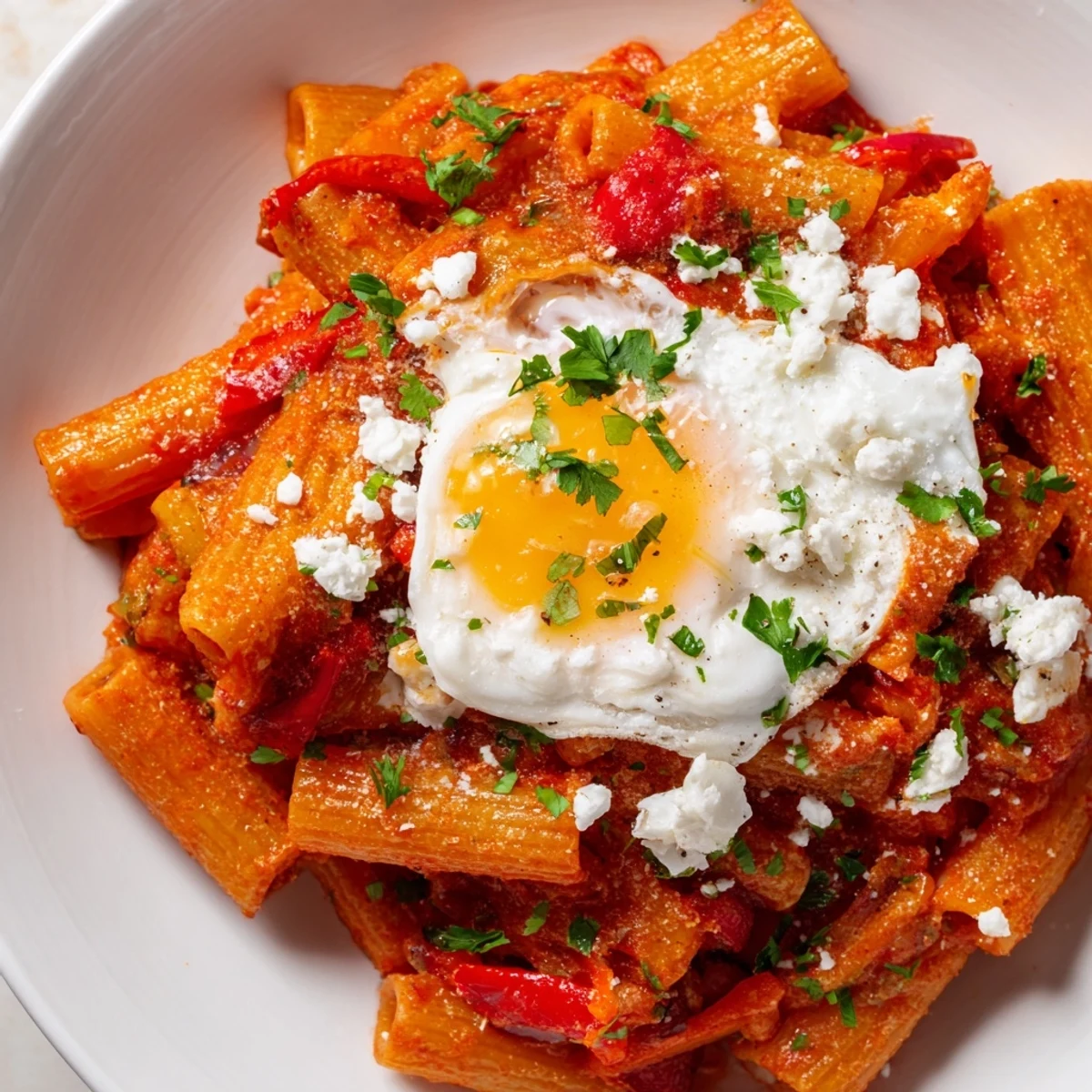Quick Shakshuka Pasta with runny yolks, bubbly tomato sauce, and fresh herbs, ready to serve.