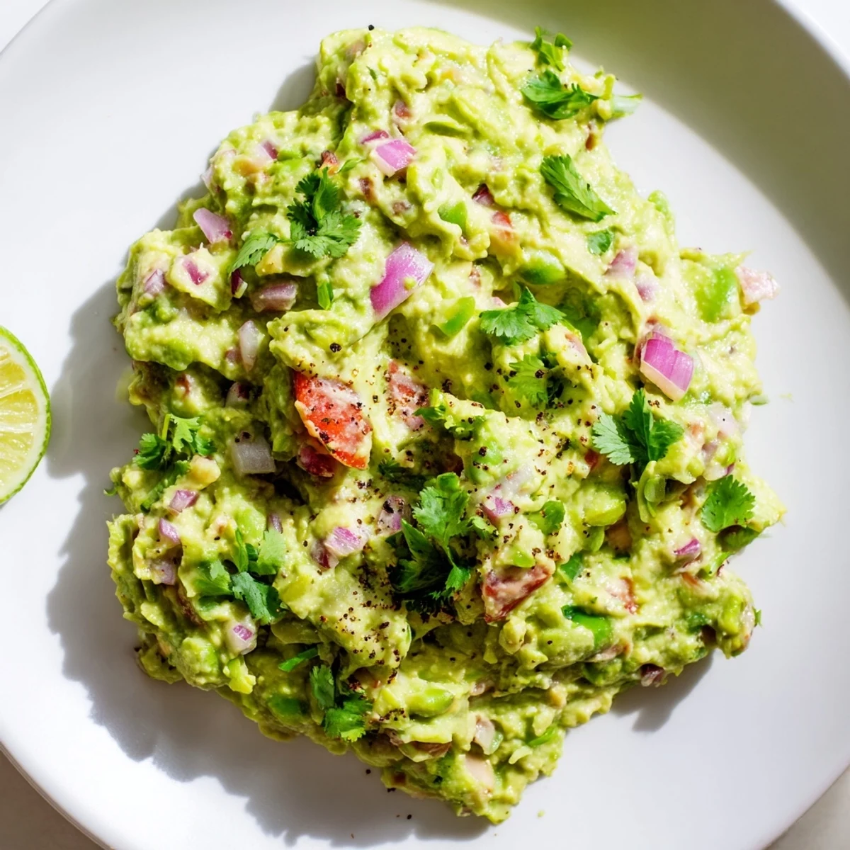 Bright green Edamame Guacamole, a creamy dip with visible chunks, garnished with cilantro and lime wedges.