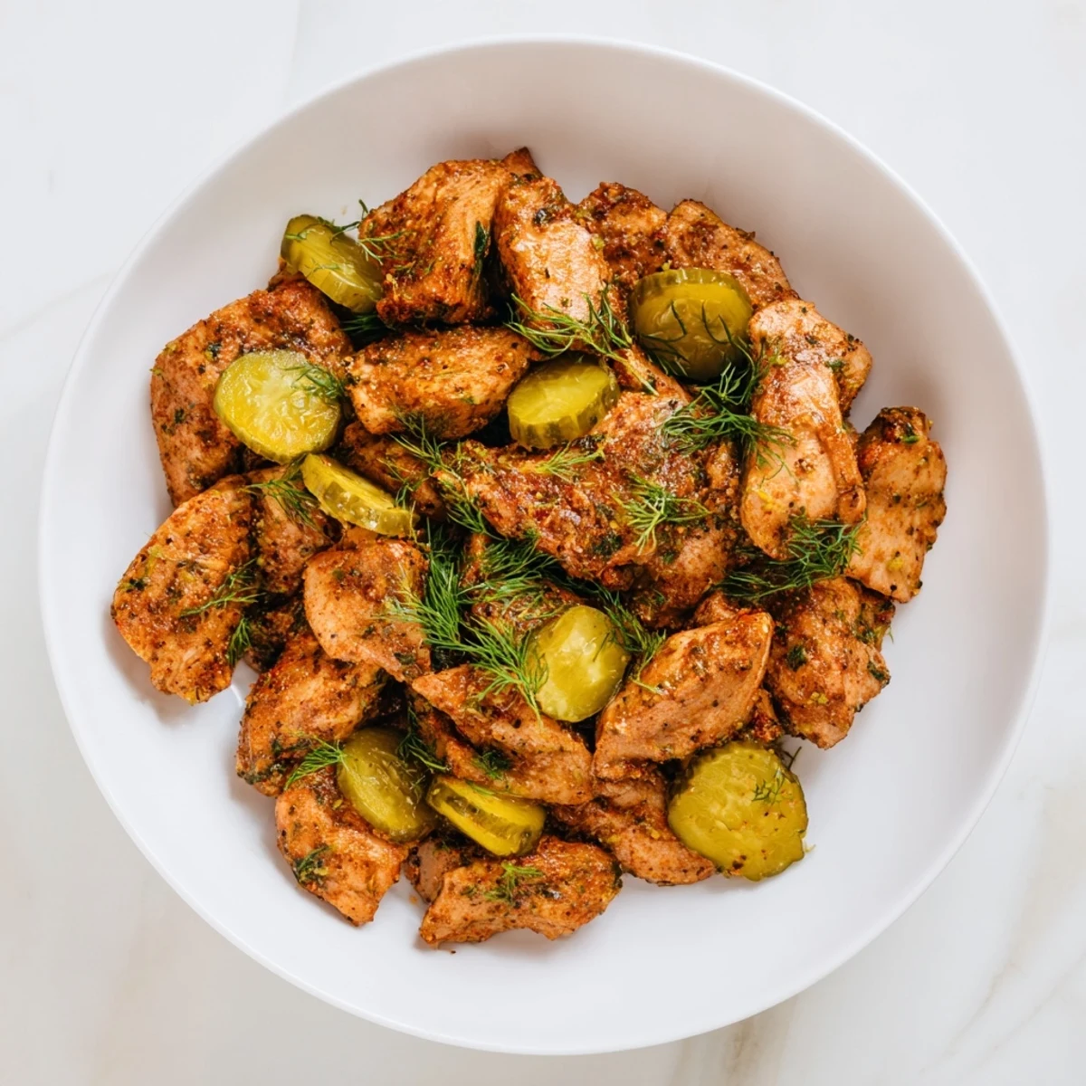 Oven-baked Pickle Ranch Chicken, golden-brown and juicy, served with a sprig of fresh dill.