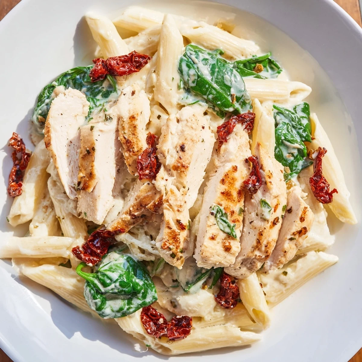 Creamy Tuscan Chicken Pasta, a delicious bowl showcasing tender chicken nestled in creamy sauce.