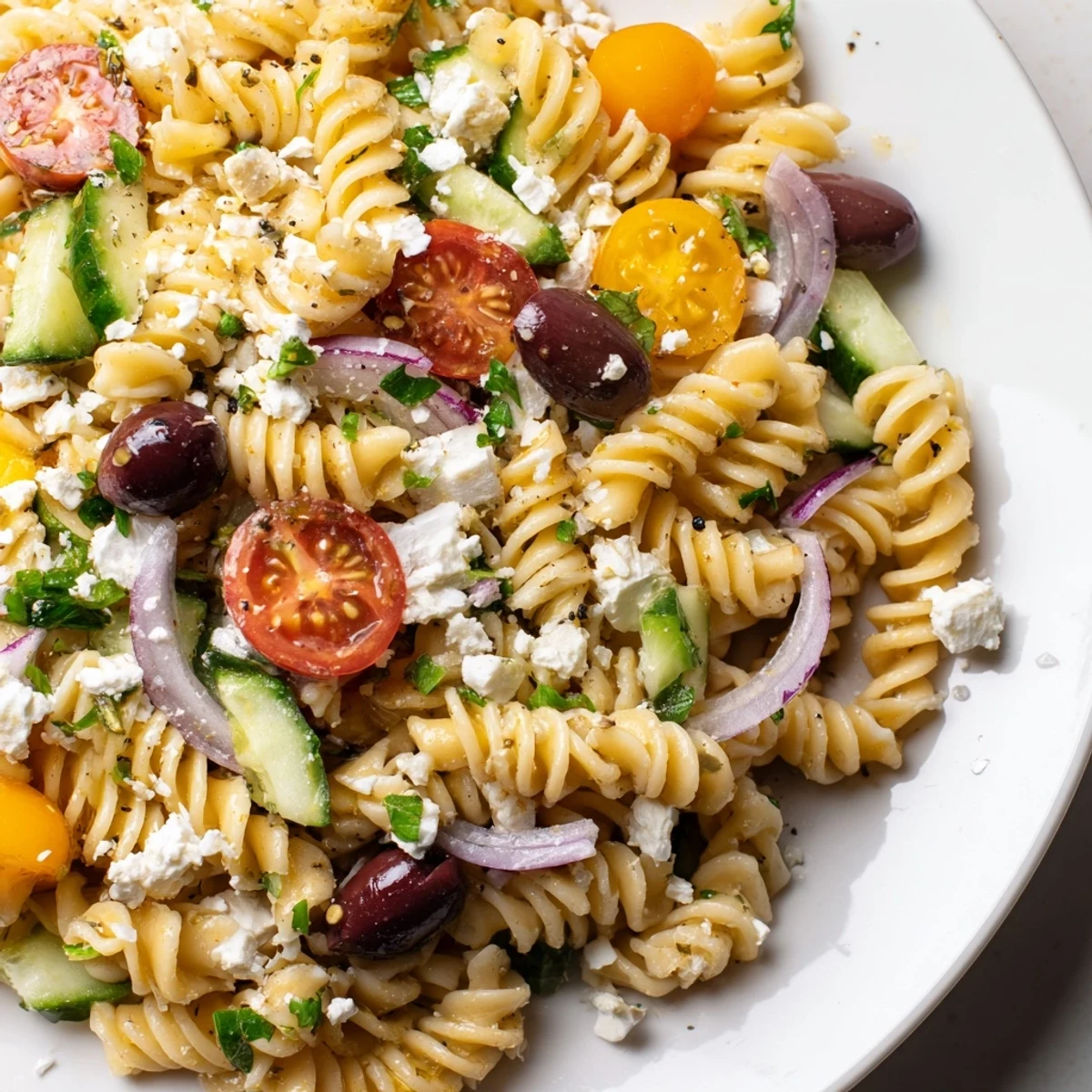Bright and zesty lemon pasta salad with colorful vegetables and creamy feta cheese, ready to serve.