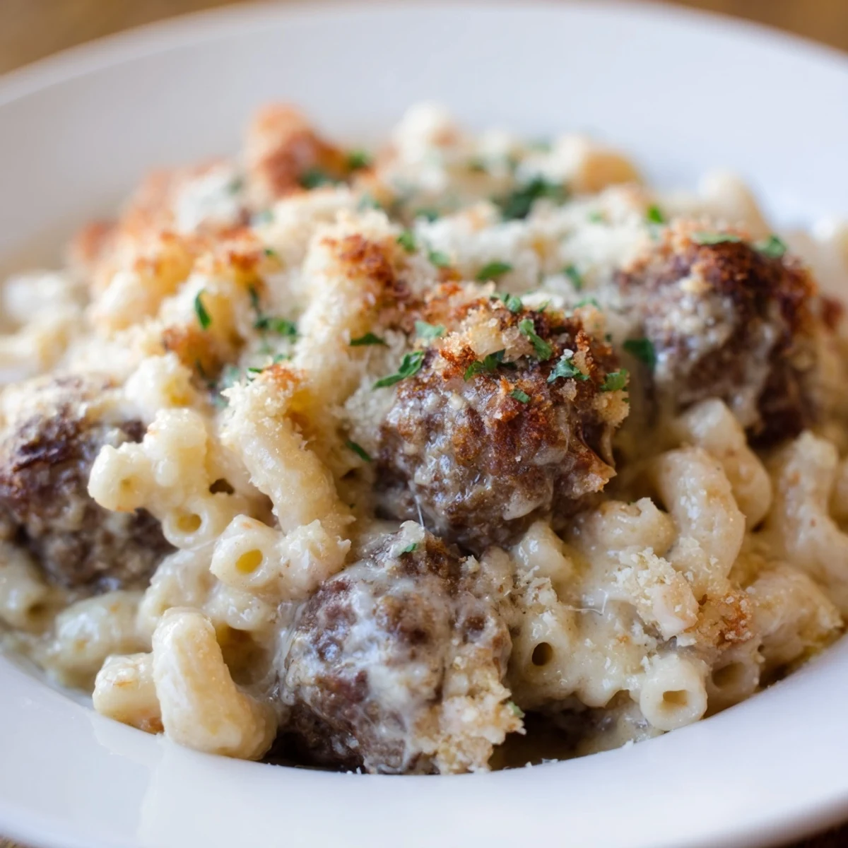 This baked Mac & Cheese Meatball Bake shows a cheesy casserole with perfectly cooked meatballs.