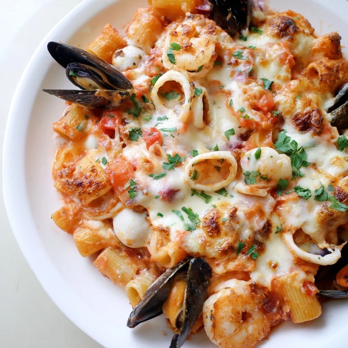 Steaming Seafood Pasta Bake with bubbly cheese and fresh parsley, a comforting Italian meal.