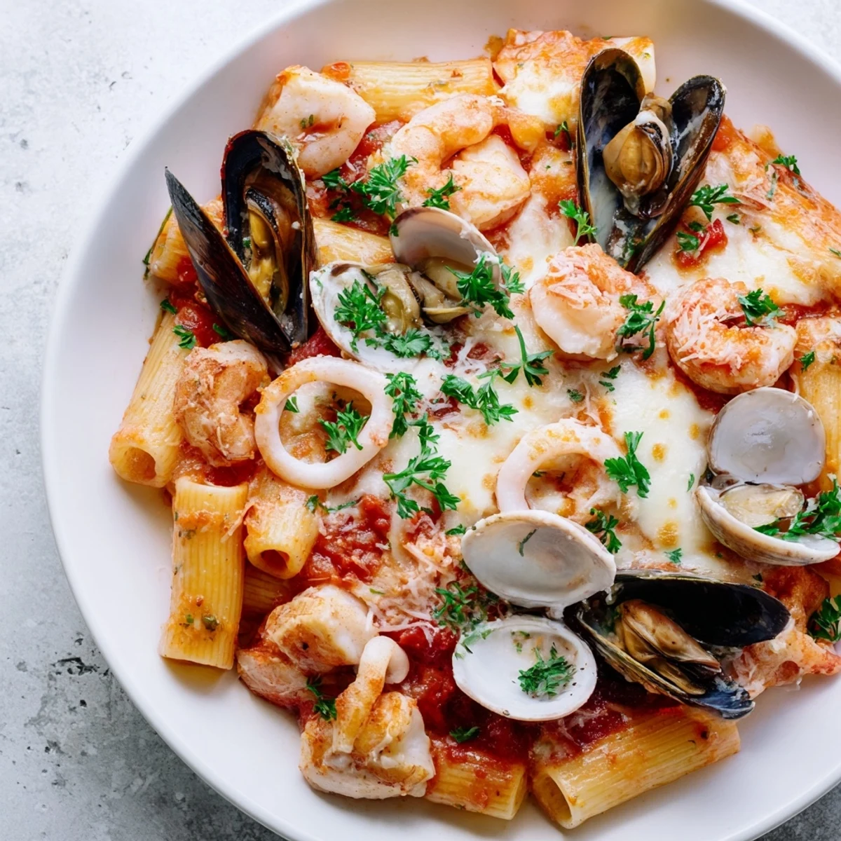 Golden, cheesy Seafood Pasta Bake, a satisfying casserole with tender seafood and creamy sauce.