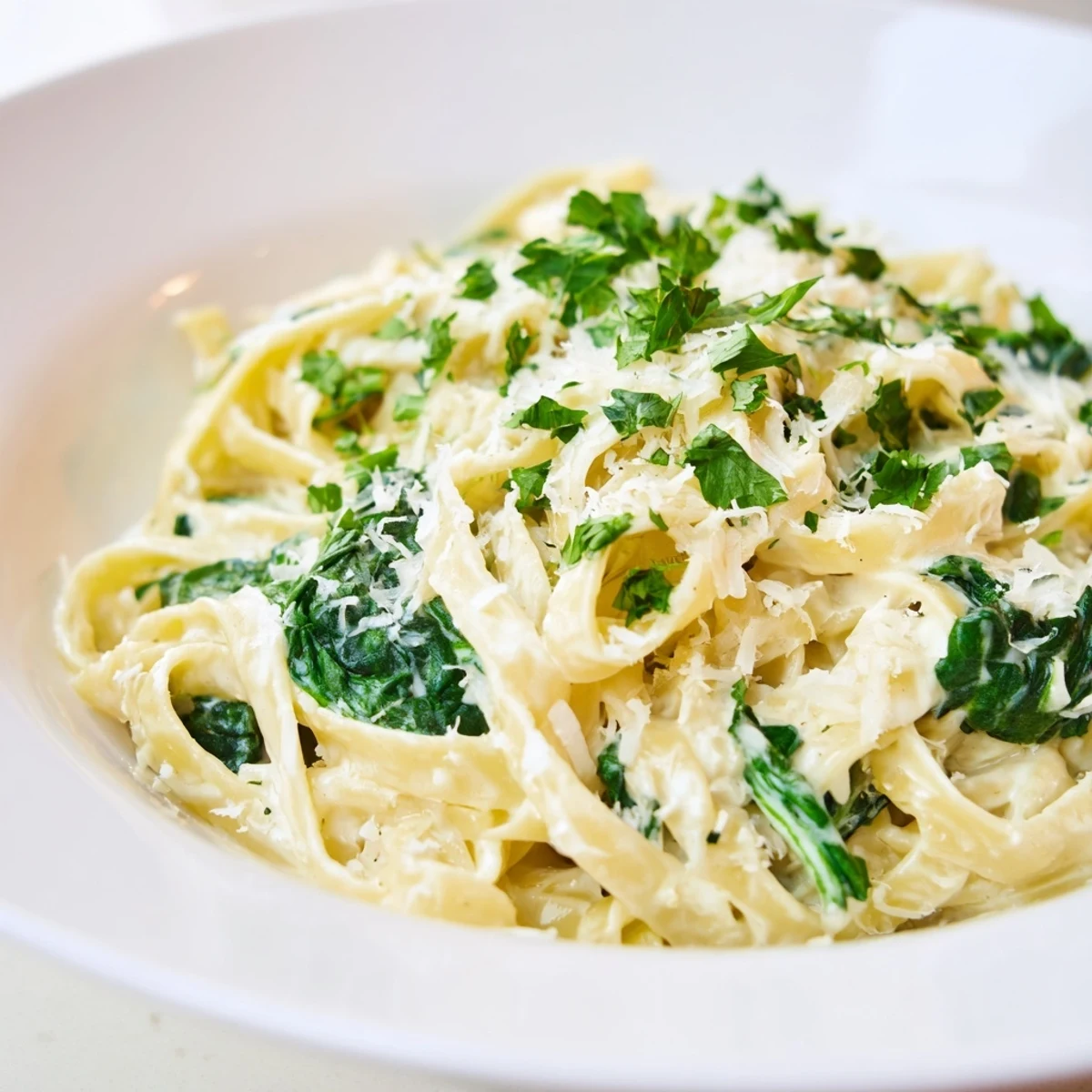 Steaming Creamy Spinach Fettuccine Alfredo, a pasta dish with vibrant spinach and rich, decadent sauce.