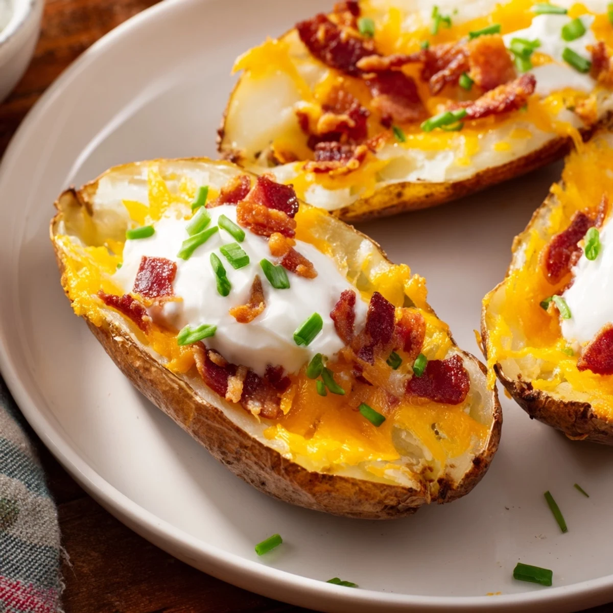 Golden, crispy loaded baked potato skins topped with bacon, sour cream, and fresh chives.