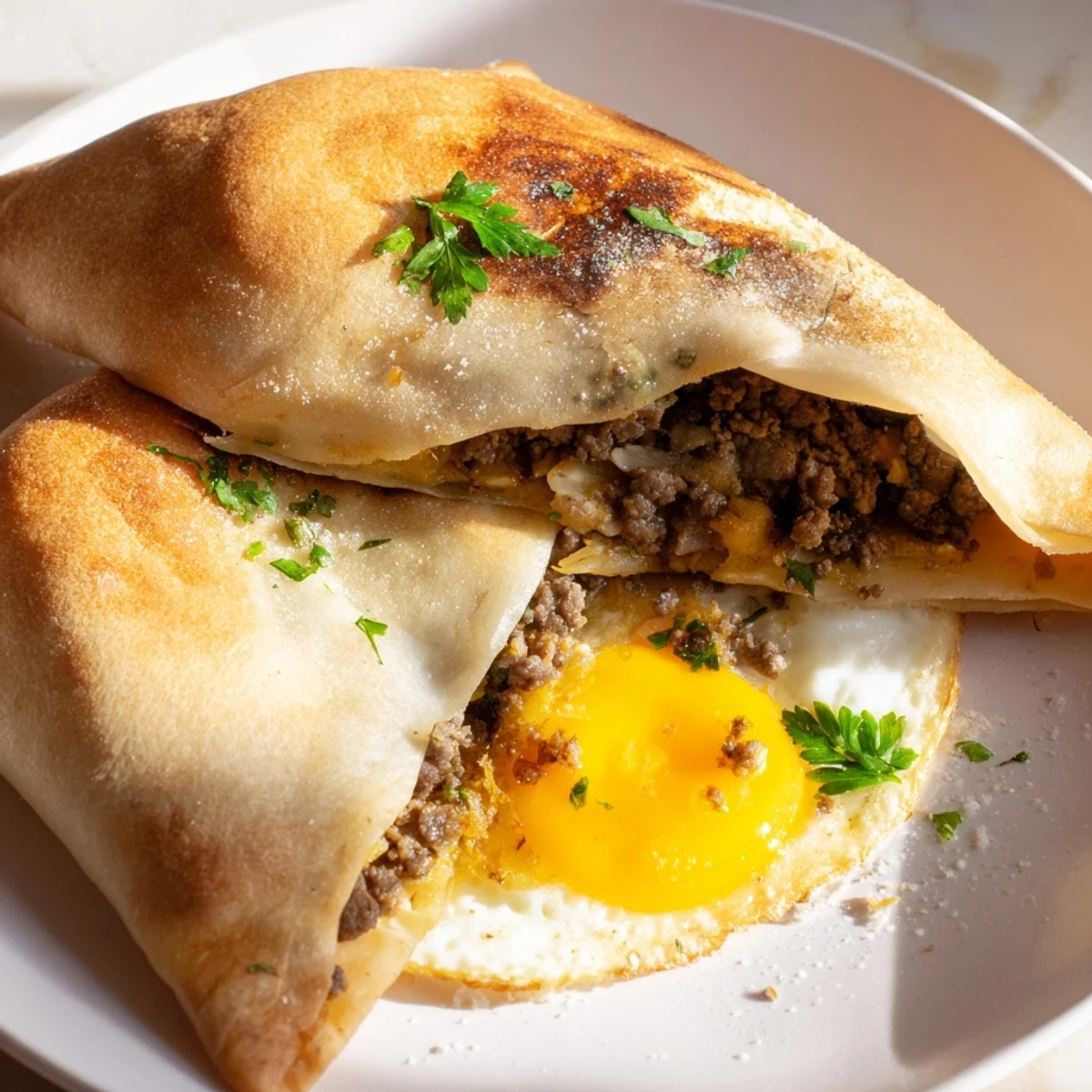 Golden, crispy Tunisian Brik pastry, filled with savory meat and a perfectly cooked egg.