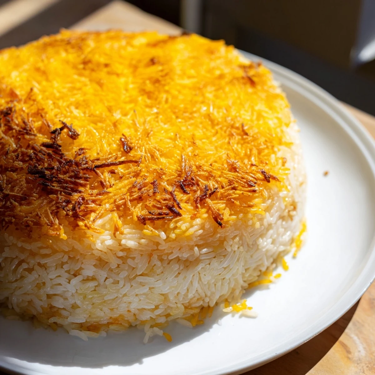 Golden and crispy Persian Tahdig rice with a flavorful, aromatic saffron rice filling and crust.