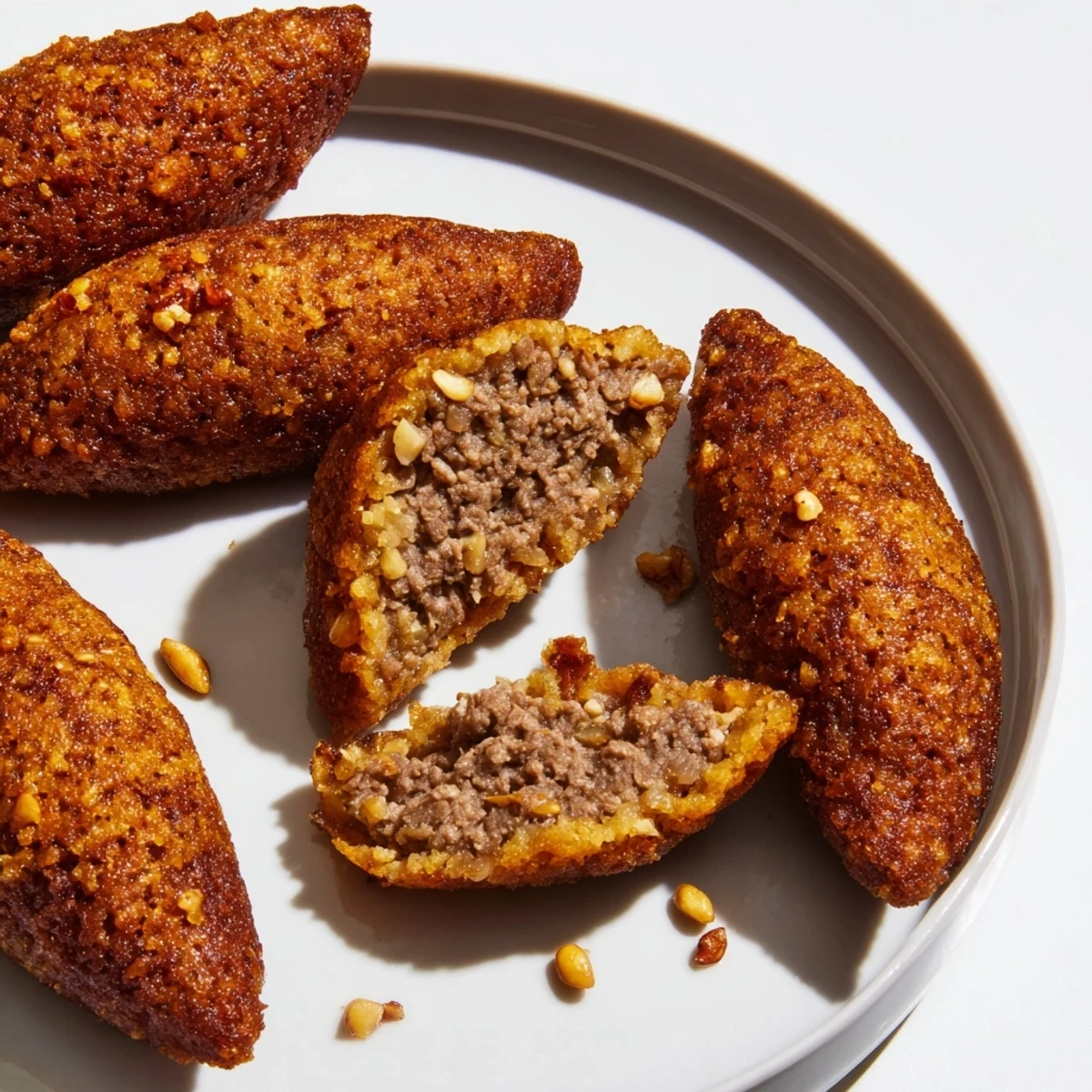A close-up shot of freshly fried Lebanese Kibbeh, ready to be enjoyed with yogurt and salad.