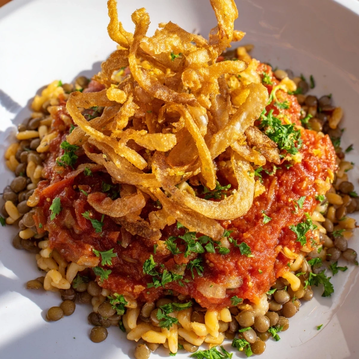 A hearty bowl of Egyptian Koshari, with layers of rice, lentils, and flavorful tomato sauce.