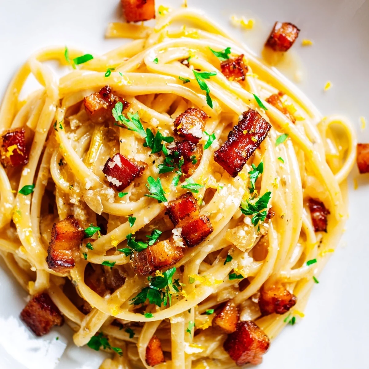 Close-up of rustic linguine, savory bacon, and melted Parmesan, perfect for a weeknight dinner.