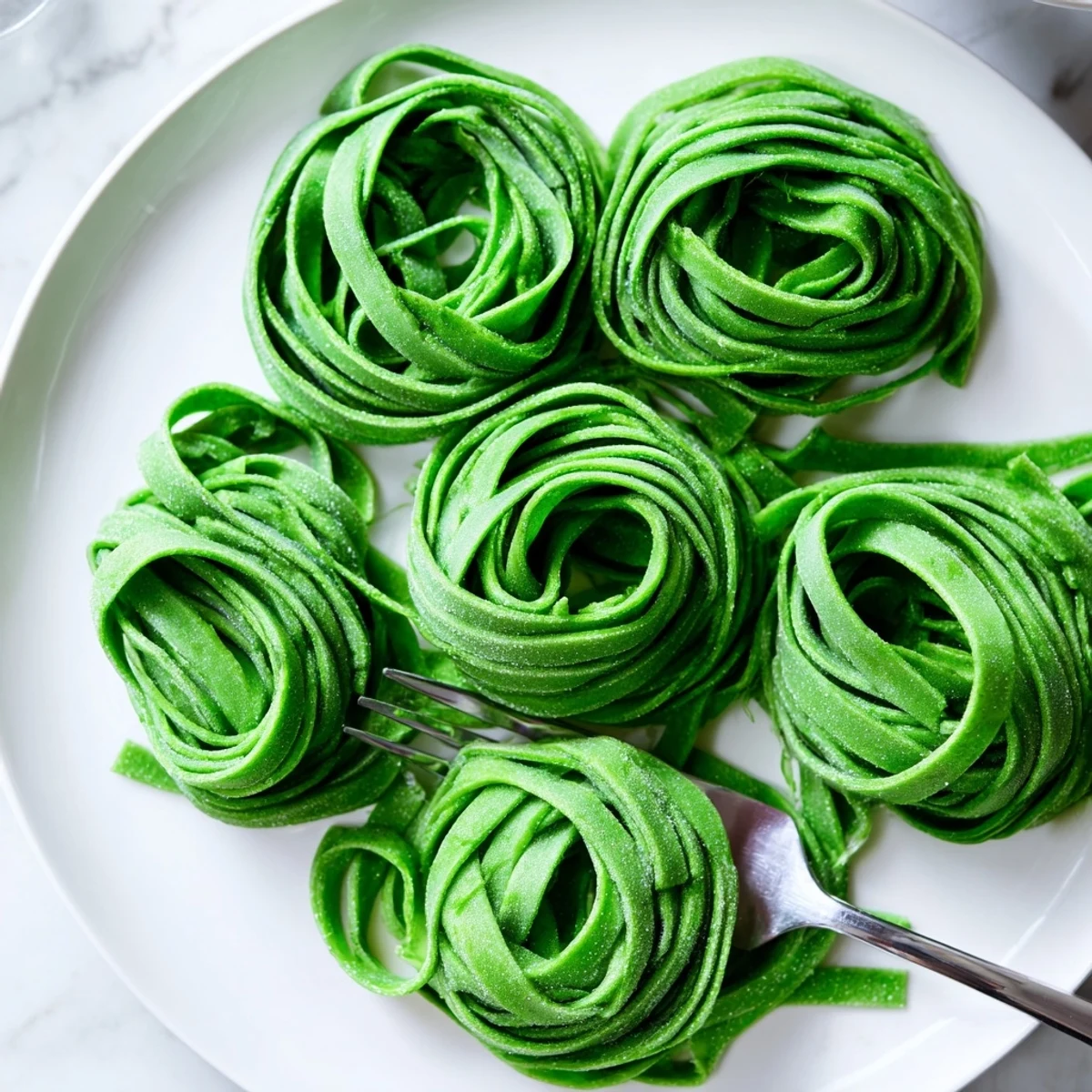 A freshly rolled sheet of homemade spinach pasta dough showing vibrant green flecks, ready to be cut into fettuccine or ravioli.  