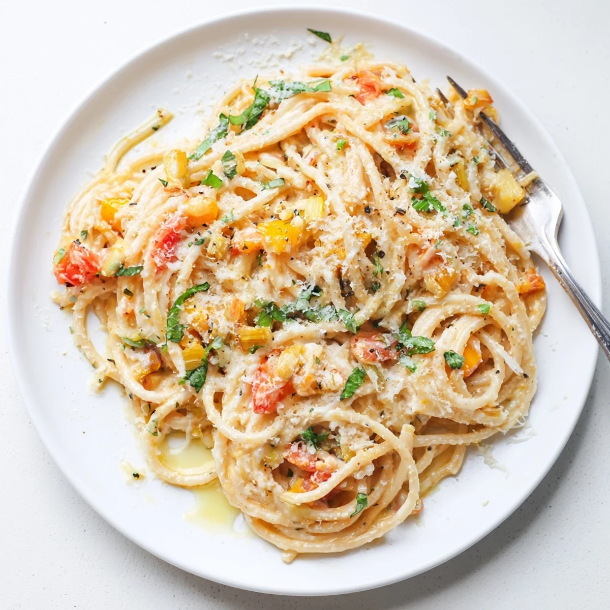 Creamy roasted garlic pasta sauce served with crusty bread and a fresh green salad.