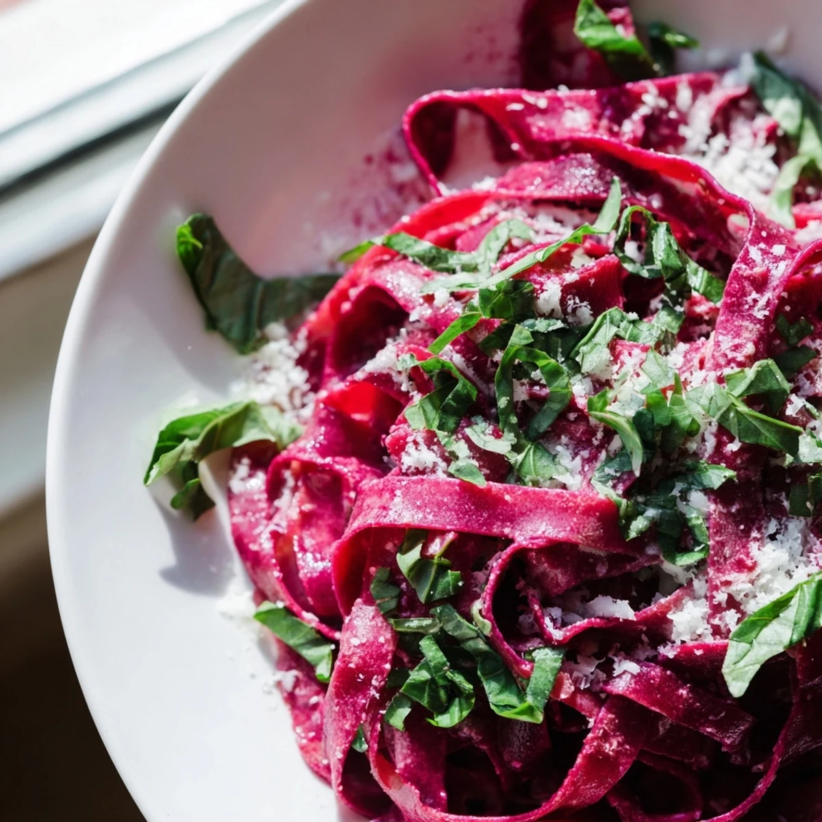 A plate of vibrant magenta beet noodle pasta garnished with fresh basil and grated Parmesan, highlighting its natural color.