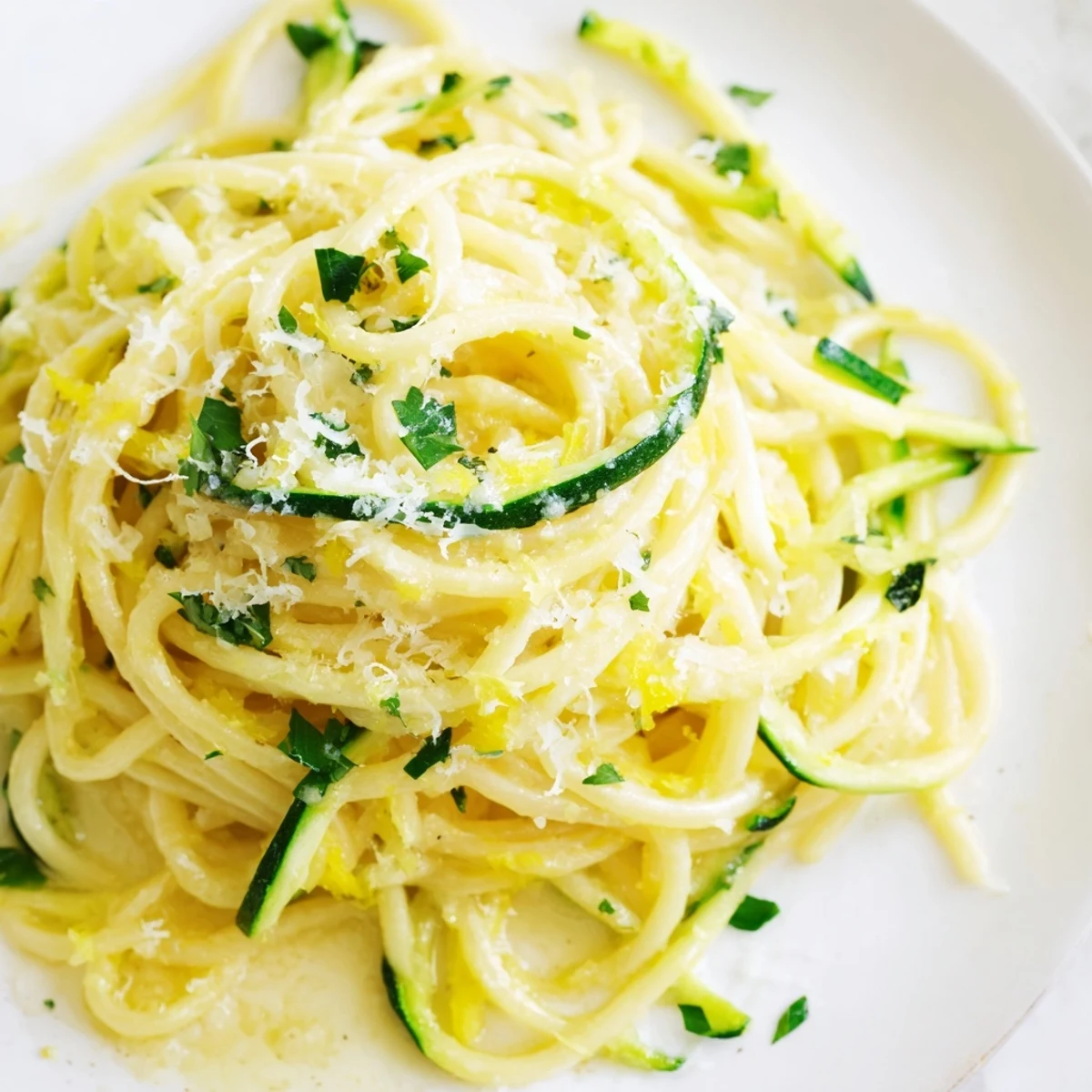 Bright, freshly cooked Lemon Zucchini Pasta in a white bowl, garnished with parsley and a lemon wedge, ready to serve.  