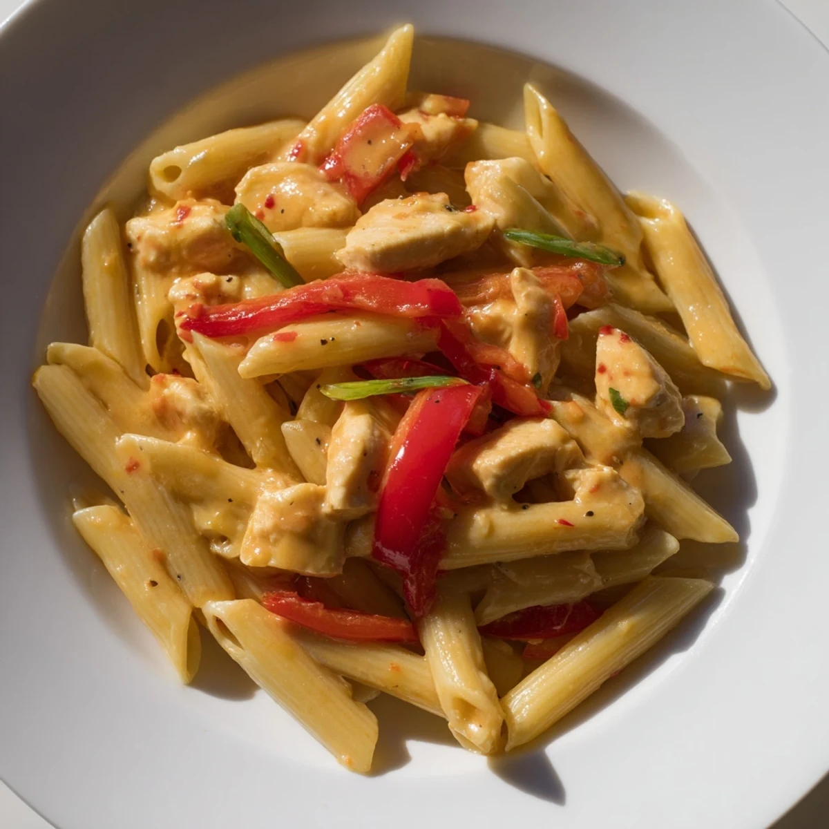 Golden penne pasta and tender chicken pieces tossed in a creamy, sweet chili sauce, garnished with fresh cilantro.  