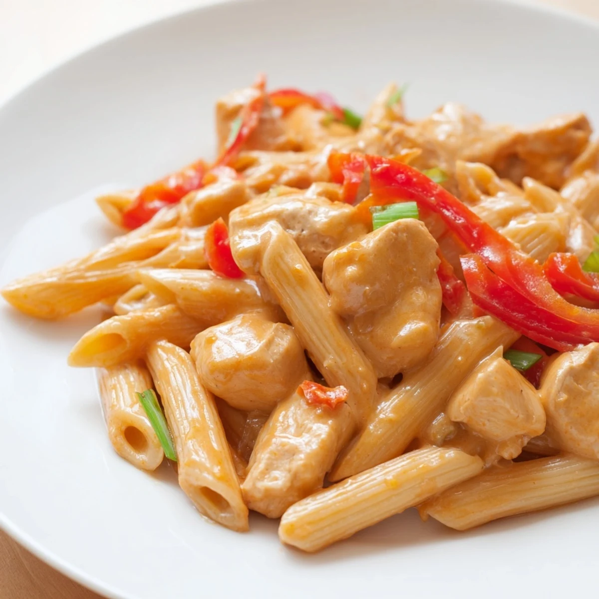 Sizzling Sweet Chili Chicken Pasta in a skillet, showing a rich, glossy sauce coating every noodle.