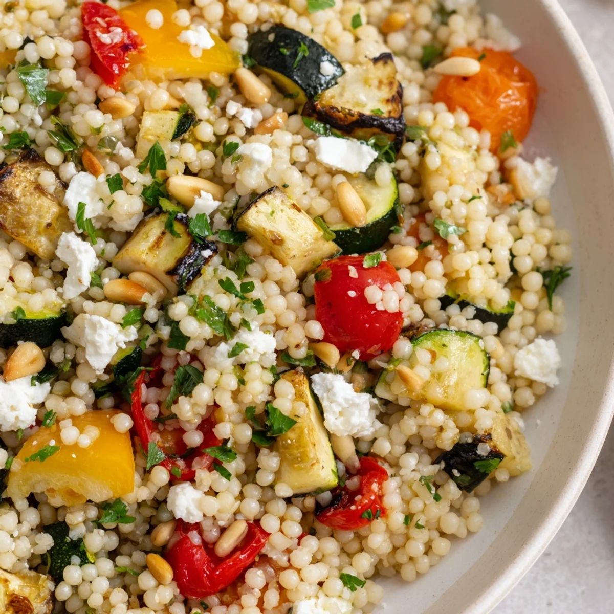 Roasted veggie couscous salad with caramelized cherry tomatoes and fresh herbs served warm on a platter.  