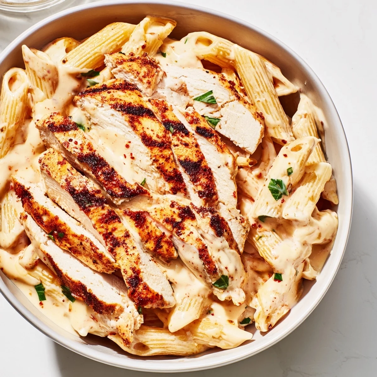 Enjoy an easy homemade Spicy Chicken Caesar Pasta dinner, garnished with parsley and lemon wedges for a bright, zesty finish.