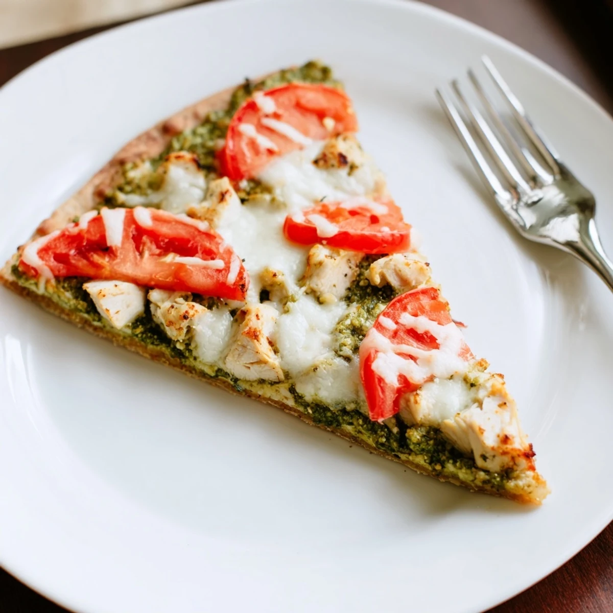 Golden-brown Chicken Pesto Pizza with melted mozzarella, fresh basil, and juicy tomato slices on a thin, crisp crust.