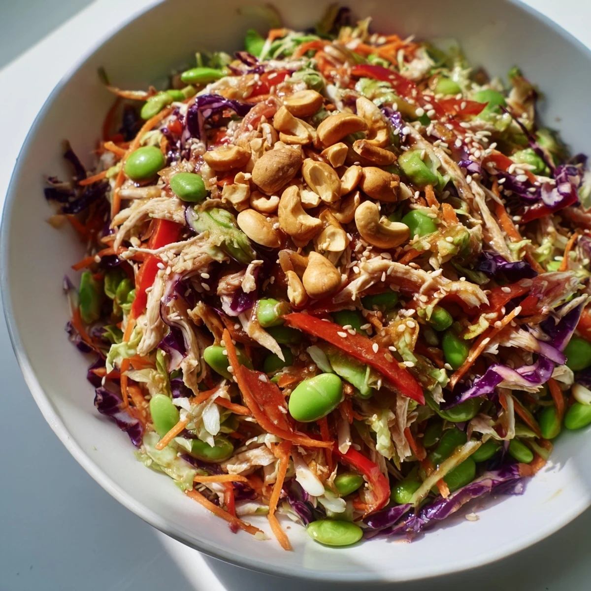 Freshly tossed Edamame Crunch Chicken Salad featuring shredded chicken, crisp red and green cabbage, and bright carrots tossed in zesty ginger dressing.