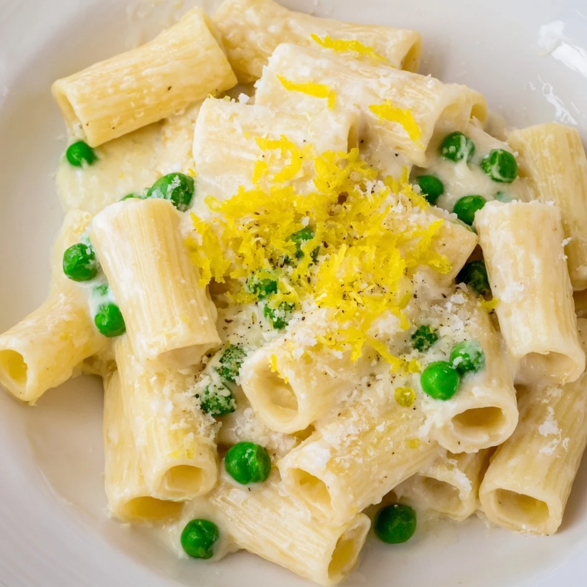 A close-up of pea and lemon ricotta pasta in a white bowl, ready to serve with extra Parmesan.  