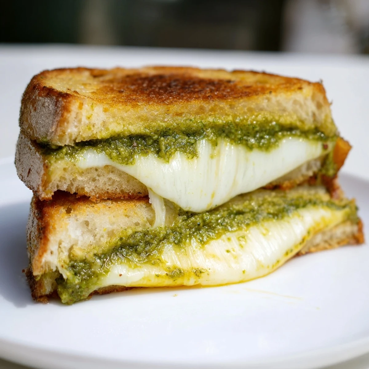 Golden-brown sourdough pesto grilled cheese slices reveal melted mozzarella, fontina, and sharp cheddar in a pan.  
