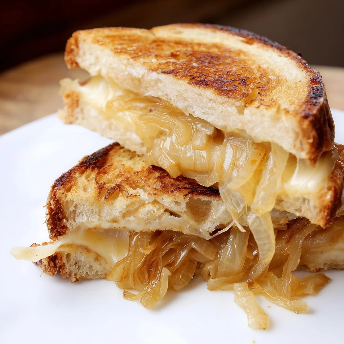 Gooey Gruyère and sweet caramelized onions melt between crispy golden slices of country bread, a gourmet grilled cheese.