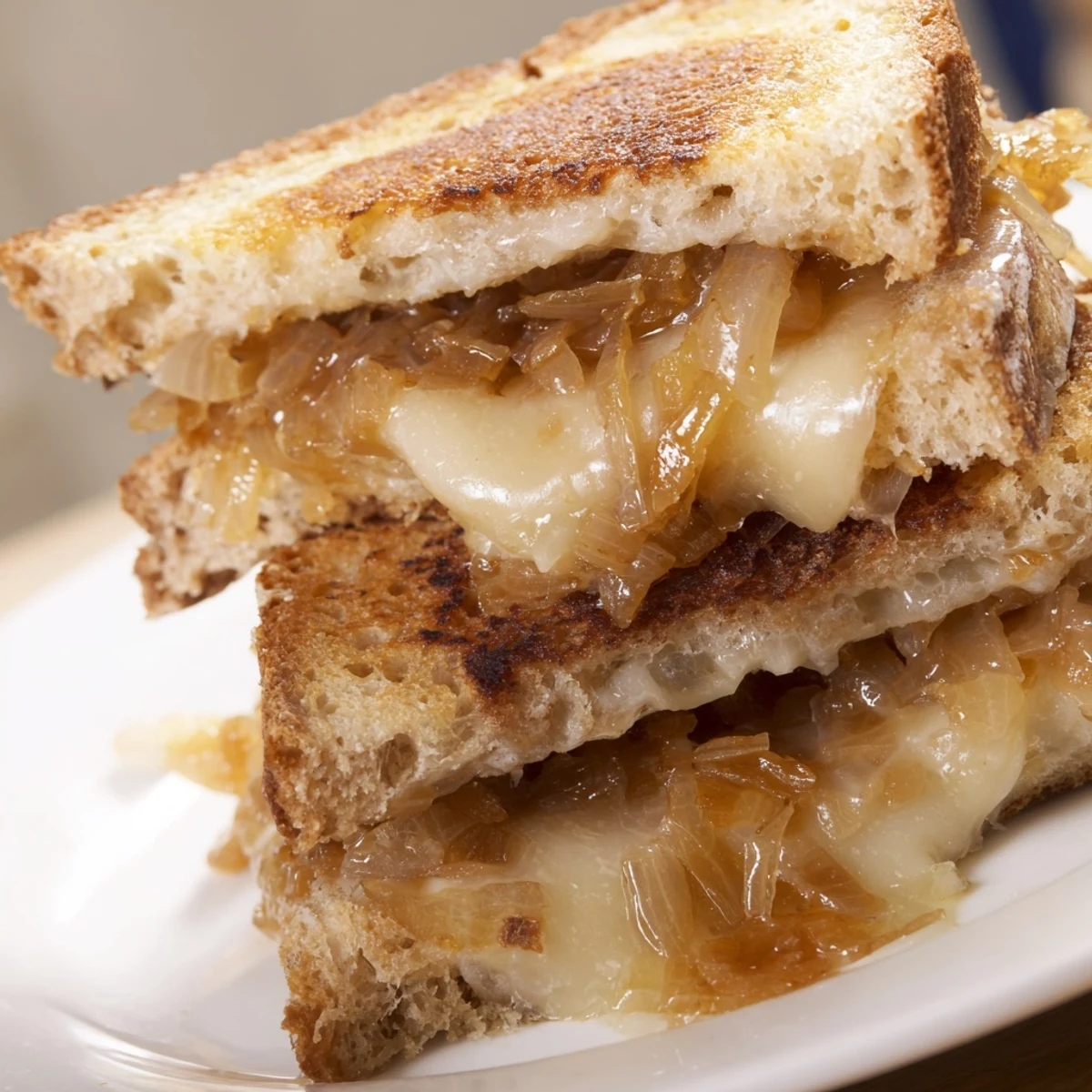 Perfectly toasted artisan bread cradles nutty Gruyère and deeply caramelized onions, served warm for a comforting, savory meal.