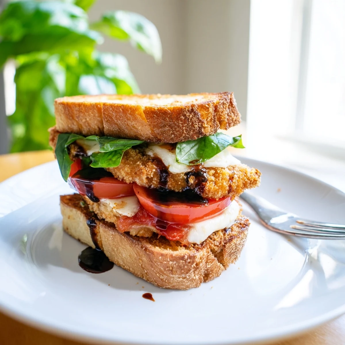 Golden-breaded chicken cutlet with melted mozzarella, fresh basil, and tomato slices on toasted ciabatta for a crunchy Caprese sandwich.