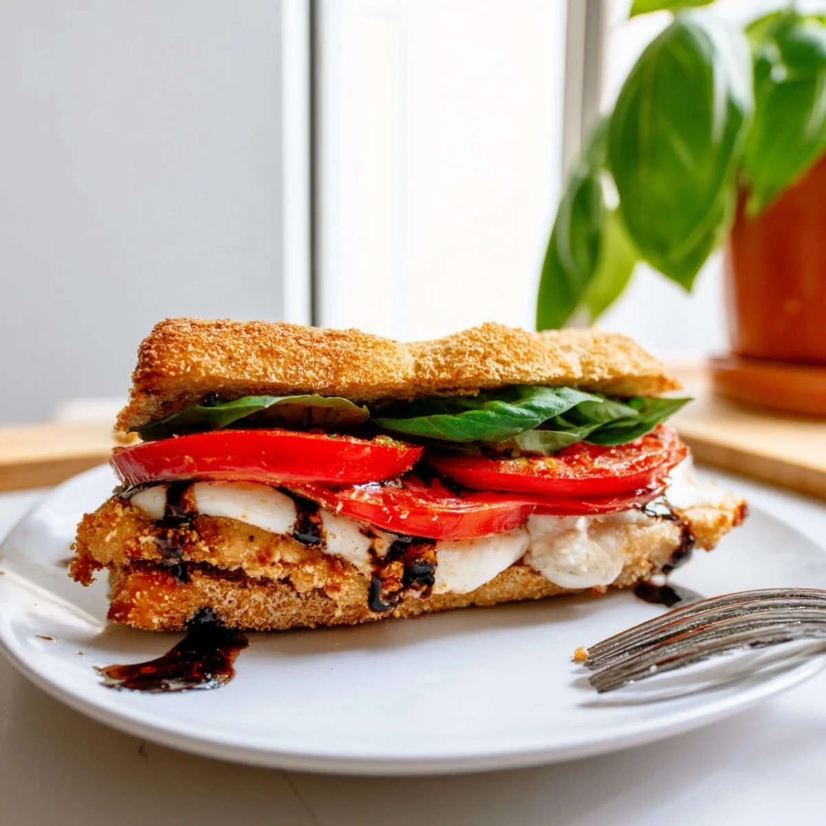 Crispy Chicken Caprese Sandwich with juicy breaded chicken, ripe tomato, and creamy mozzarella on a buttery toasted ciabatta roll.
