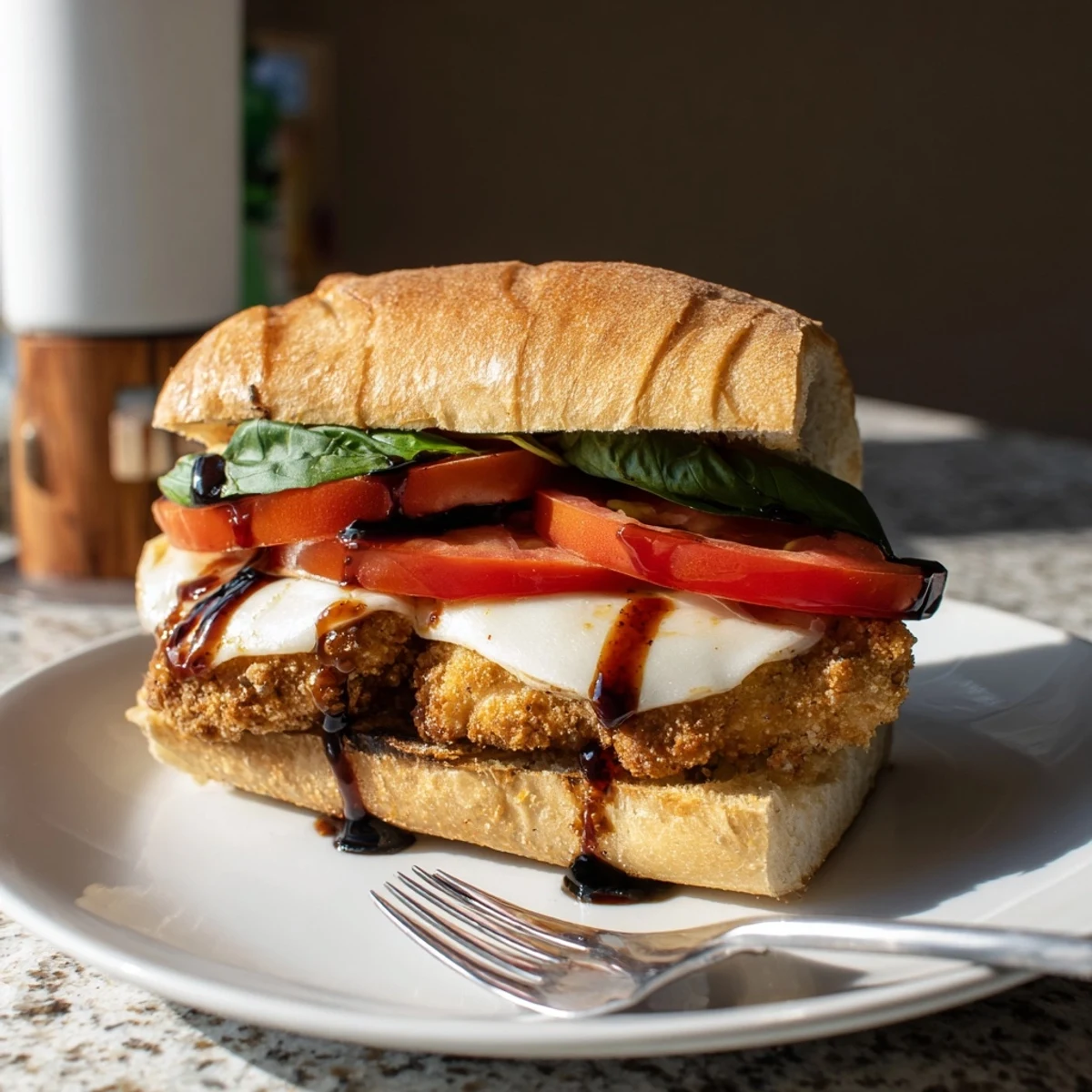 Homemade Crispy Chicken Caprese Sandwich featuring golden fried chicken, fresh basil leaves, and balsamic glaze drizzled over melted cheese.