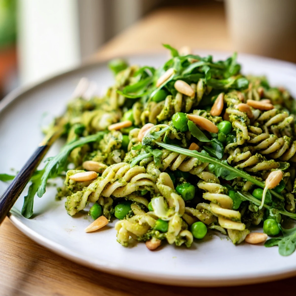 A close-up of Spring Green Pesto Pasta Salad featuring fresh basil pesto, crisp arugula, lemon zest, and golden toasted pine nuts for a spring picnic.