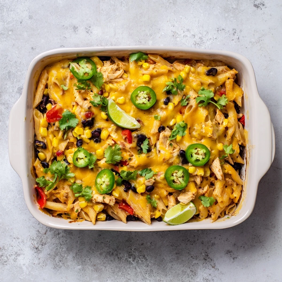 Served warm with fresh cilantro and lime wedges, this Chicken Burrito Pasta Bake offers a delicious Tex-Mex twist on classic comfort food.