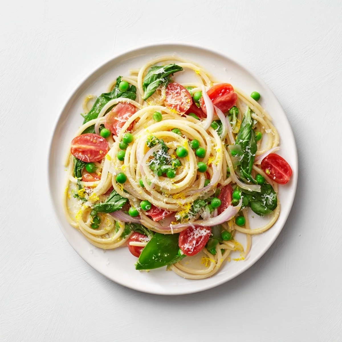 Creamy strands of Spring Veggie One-Pot Spaghetti, dotted with bright peas and halved cherry tomatoes in a light broth sauce.  