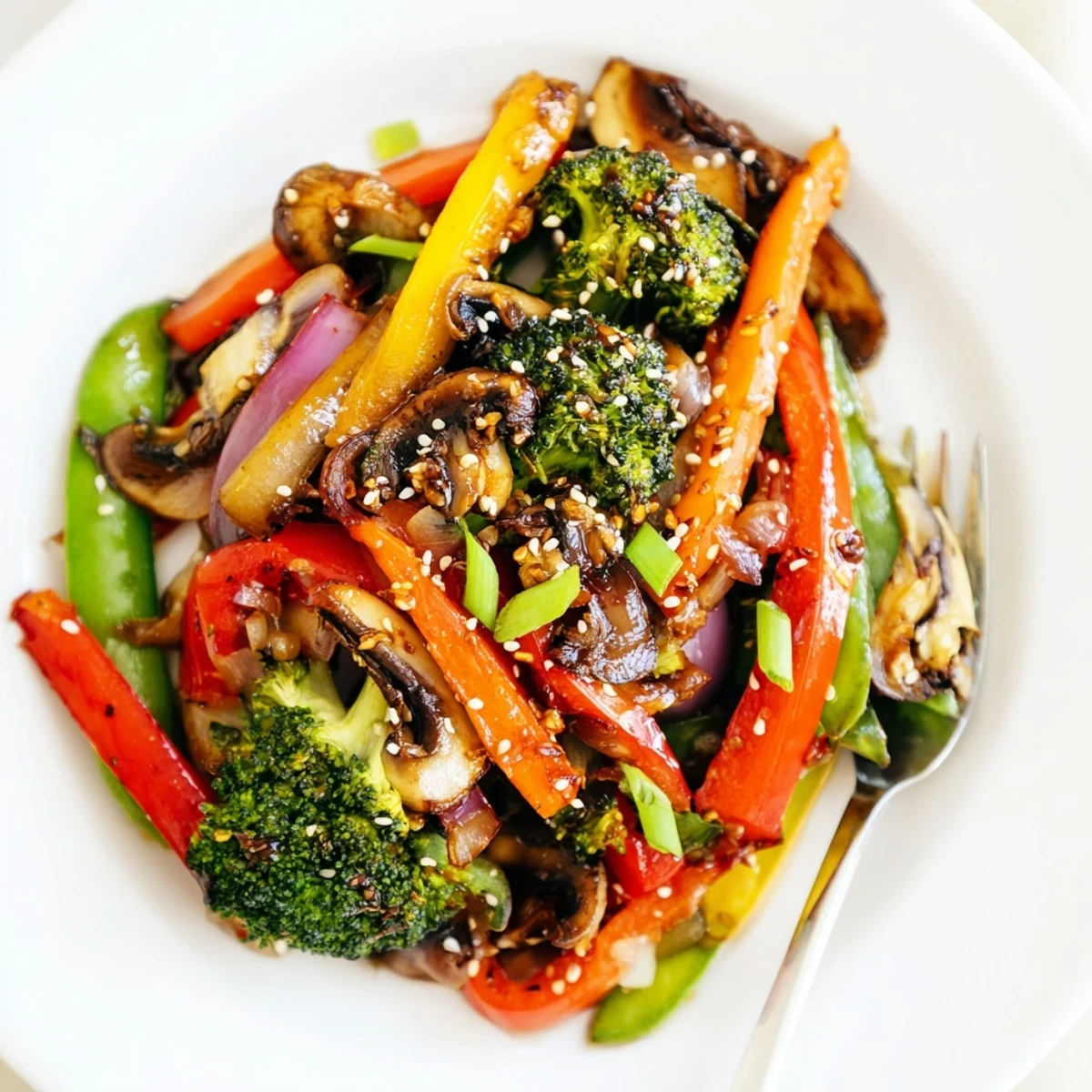 Sizzling ginger stir-fried vegetables in a wok, filled with colorful broccoli, carrots, red bell peppers, and snap peas, garnished with toasted sesame seeds.