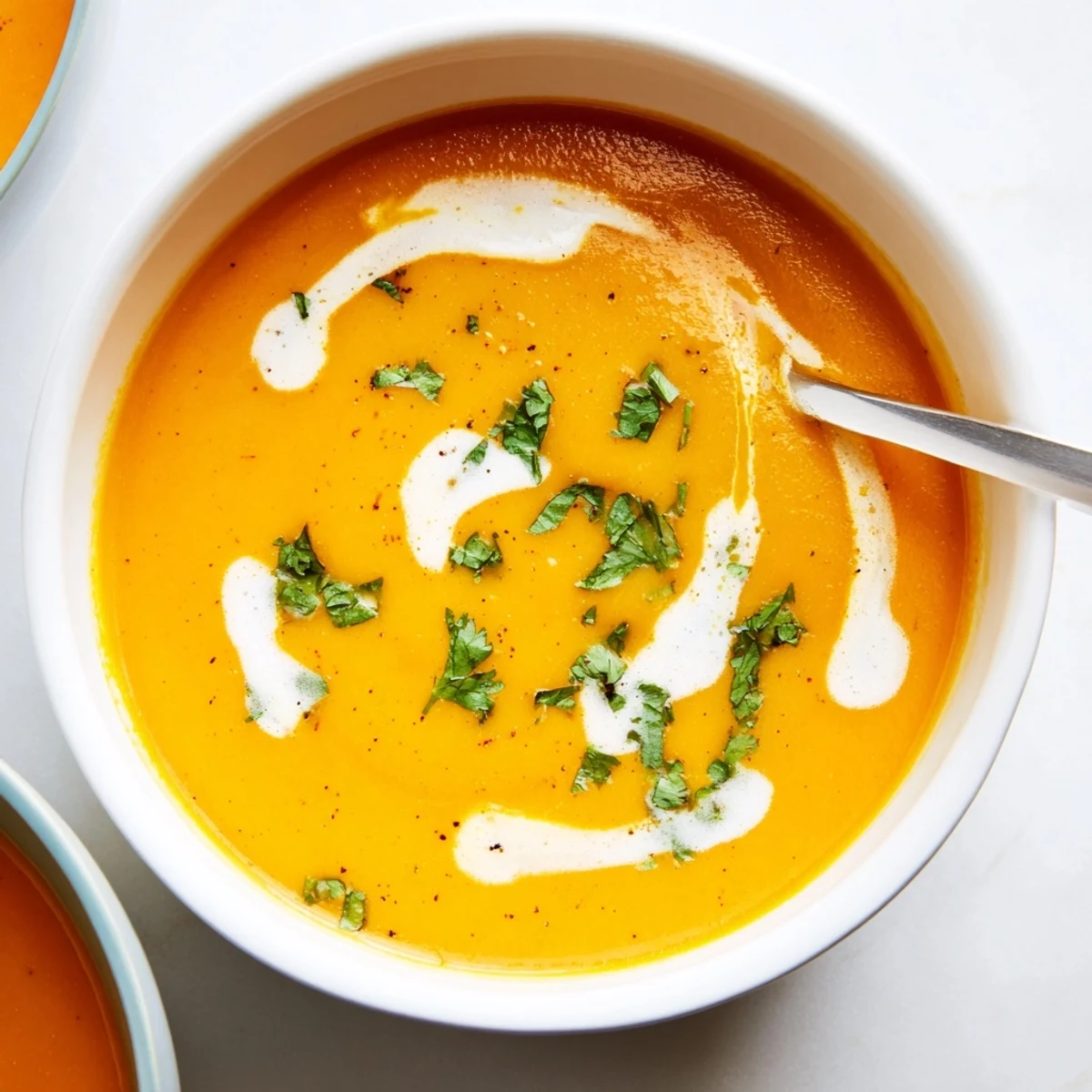 Spoon diving into rich, velvety Carrot Ginger Soup, steam rising from the bright, healthy vegan bowl garnished with fresh coriander.