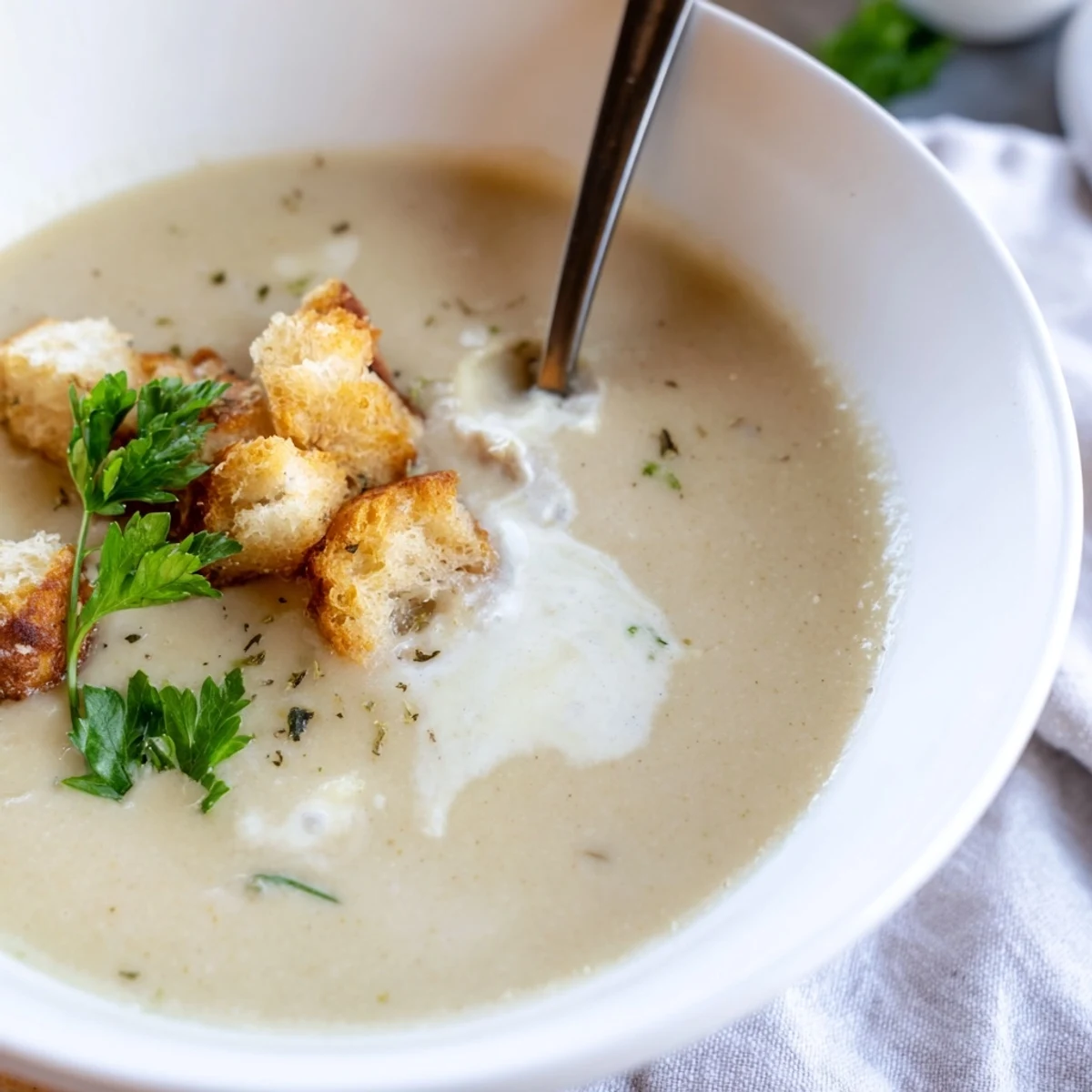 A bowl of creamy roasted garlic soup garnished with fresh parsley, served beside toasted bread for dipping.