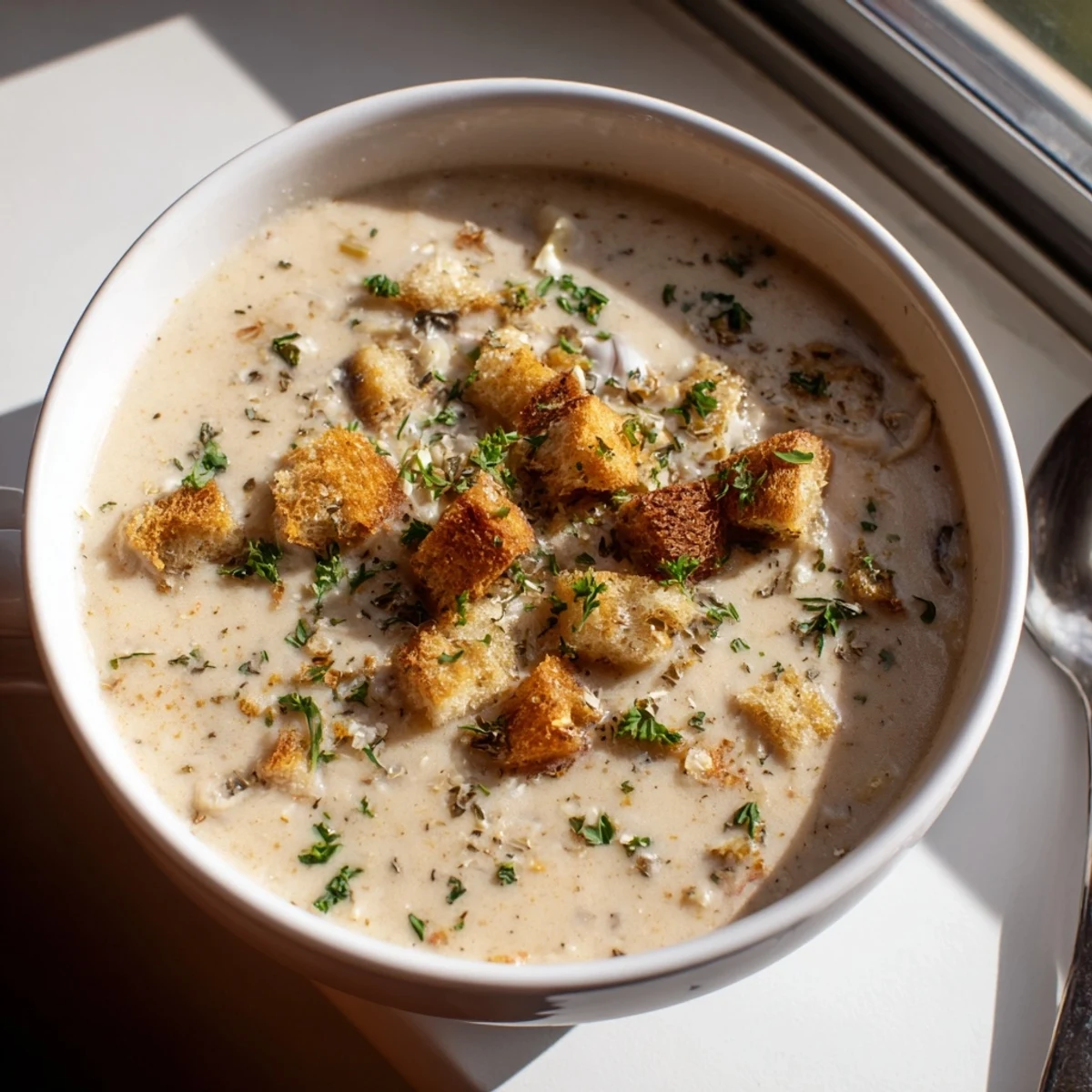 Close-up of velvety roasted garlic soup in a rustic bowl, steam rising from the smooth, golden surface.