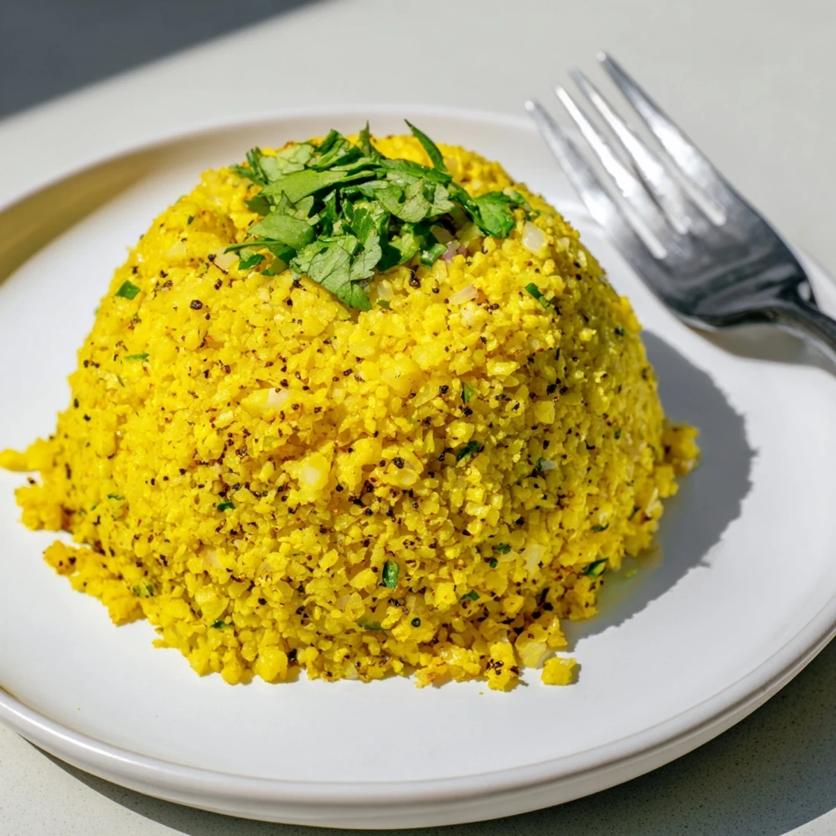 A skillet of Turmeric Cauliflower Rice with fluffy golden grains, sautéed onions, and a hint of cumin, ready to pair with grilled chicken.
