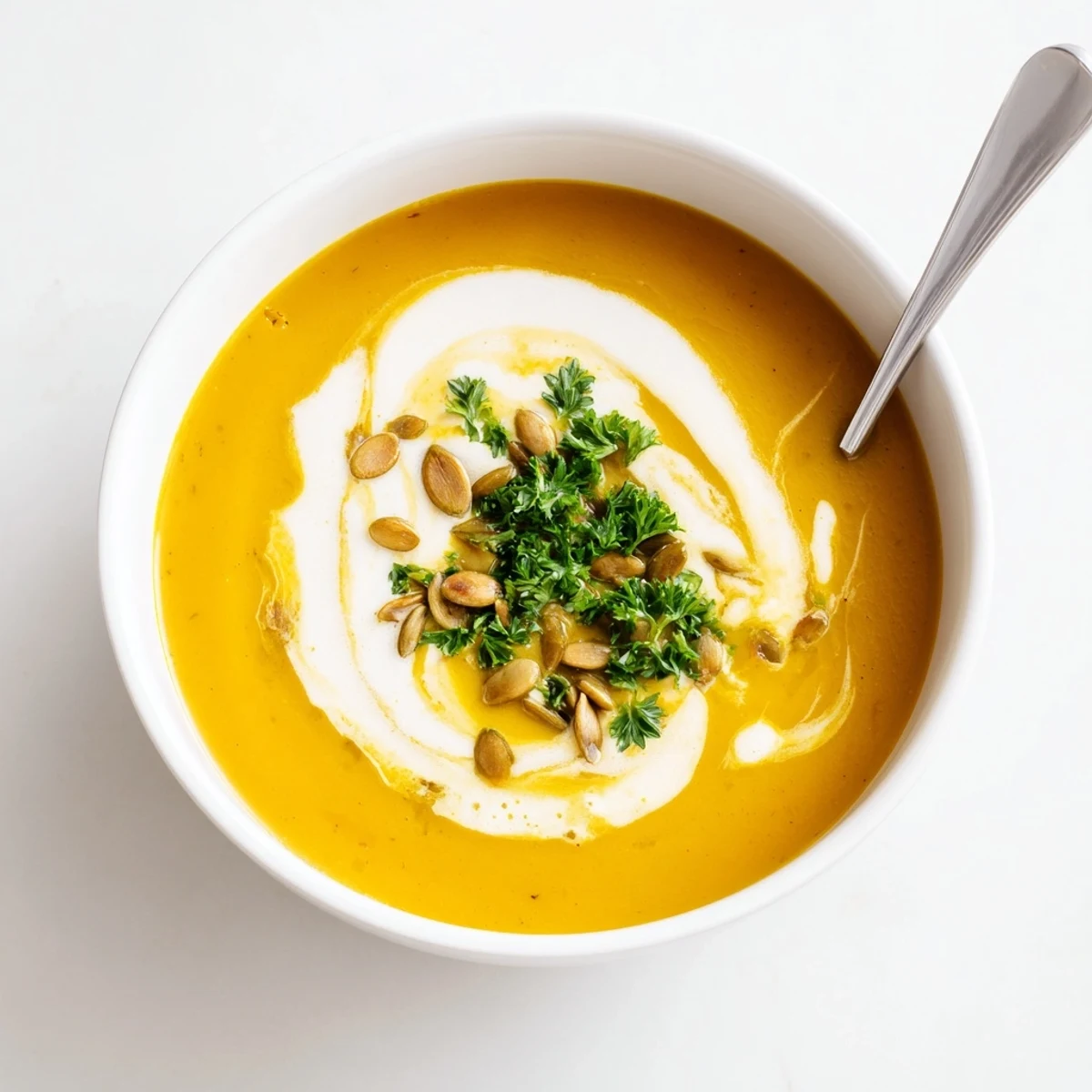 Velvety butternut squash and apple soup in a cozy setting, topped with pumpkin seeds for a crunchy autumn garnish.