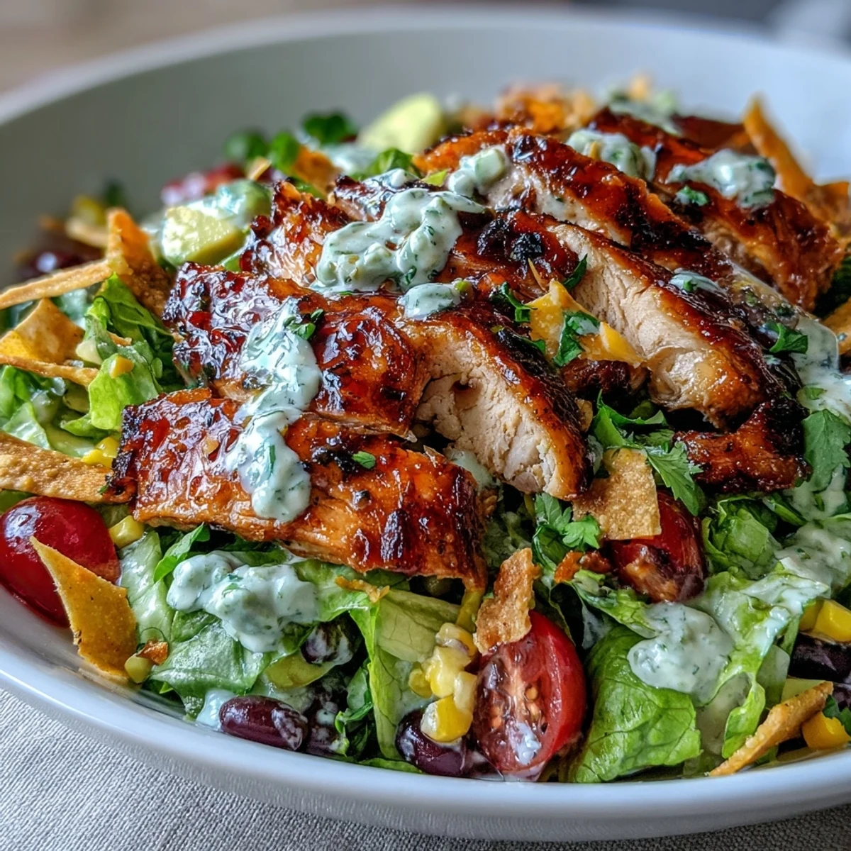 A close-up of a Honey Lime Chicken Taco Salad with grilled chicken, corn, black beans, and avocado on romaine lettuce.