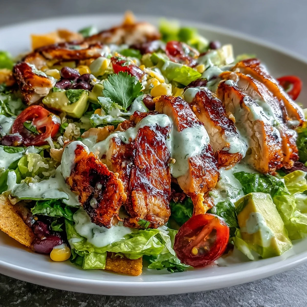 Enjoy a vibrant Honey Lime Chicken Taco Salad with grilled chicken, corn, black beans, and creamy avocado on crisp romaine.