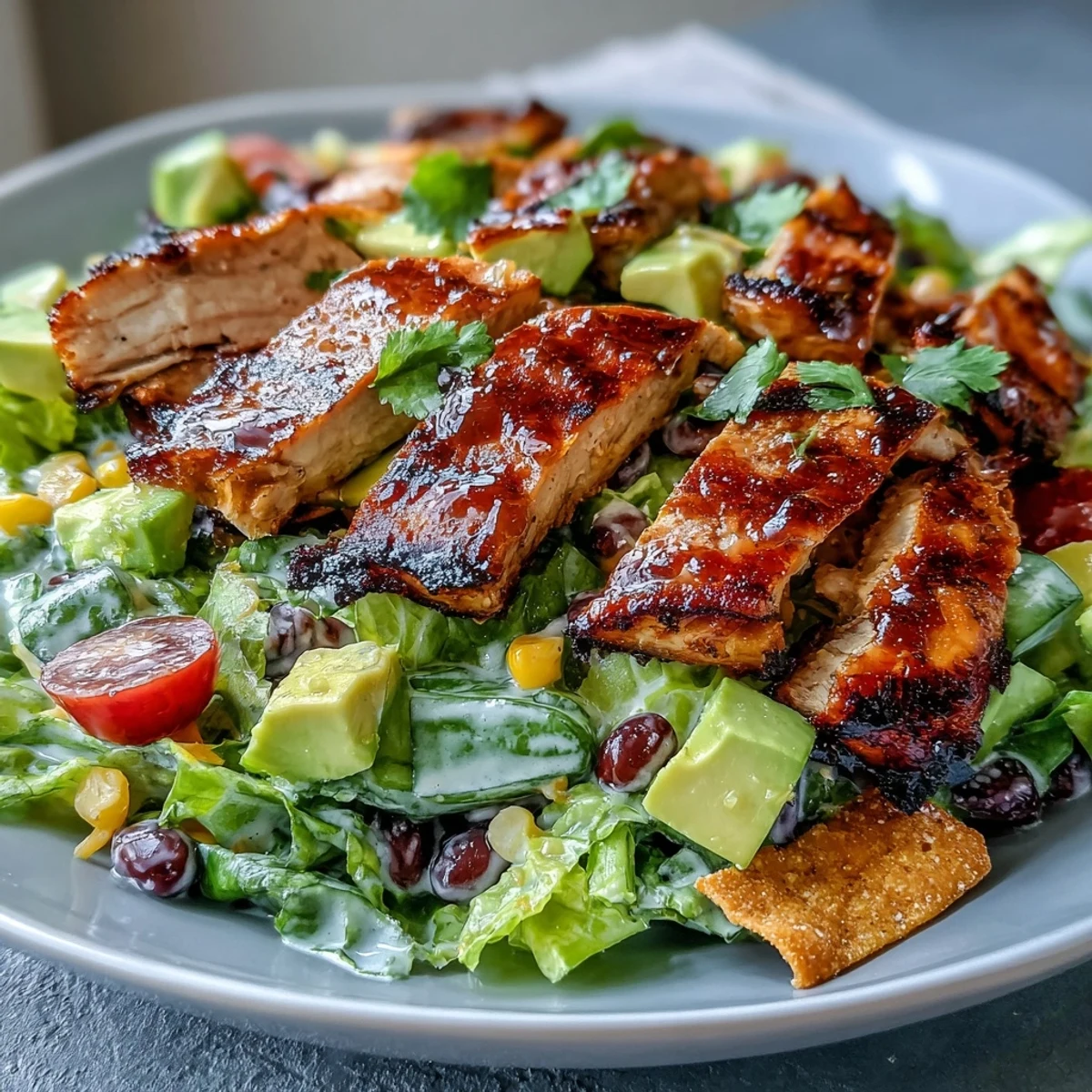 This Honey Lime Chicken Taco Salad features juicy grilled chicken, vibrant corn, black beans, and avocado on crisp romaine.