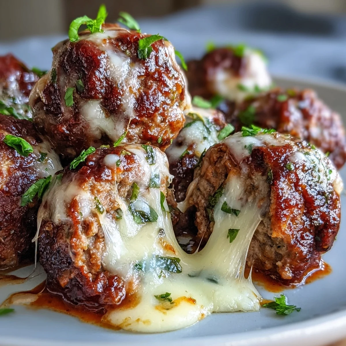 Golden-brown Cheesy, Garlicky Meatballs With Marinara bubbling in a rich red sauce, garnished with fresh basil.